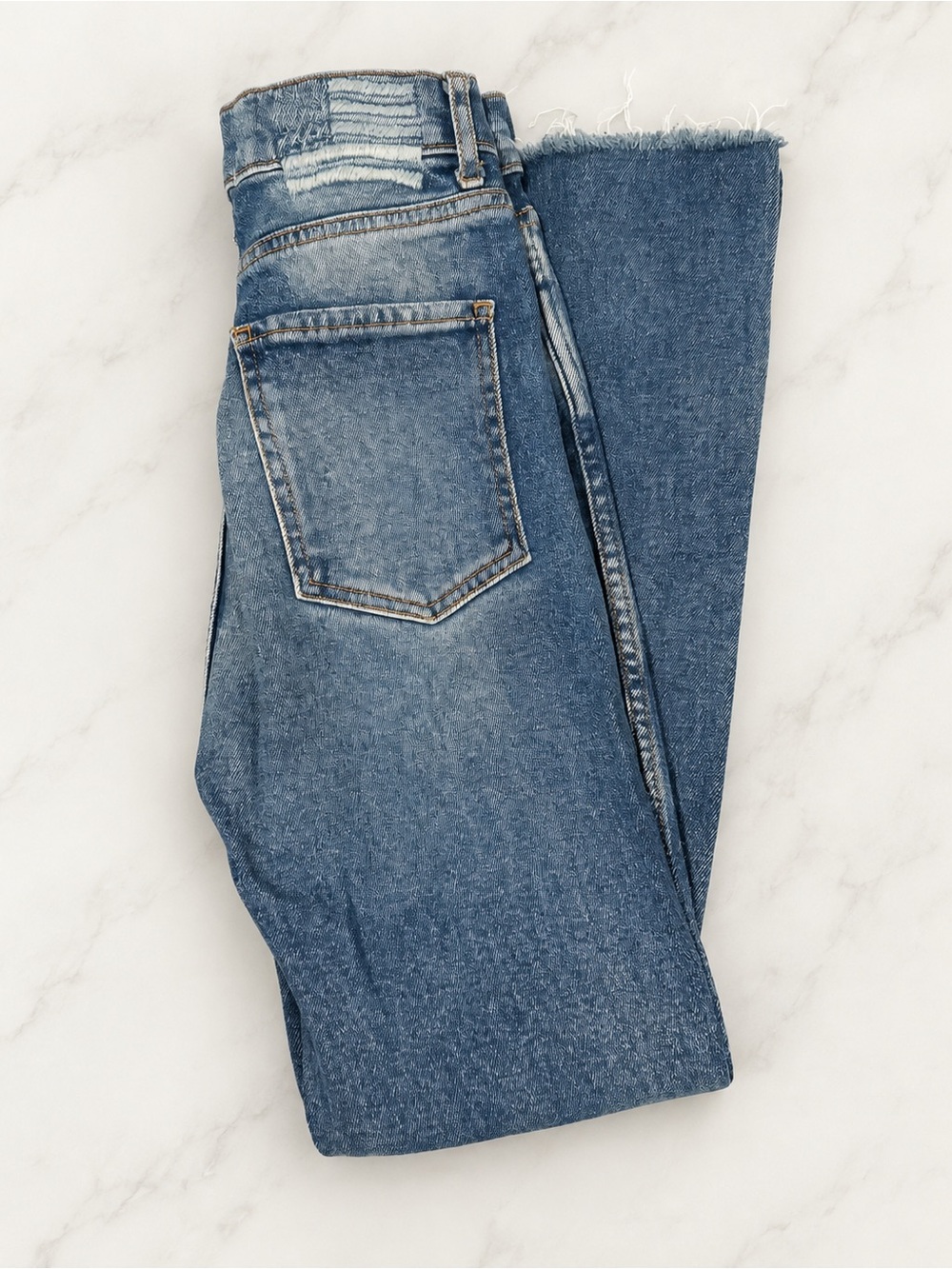 REVICE Distressed High-Rise Women's Blue Denim Jeans with Frayed Hem